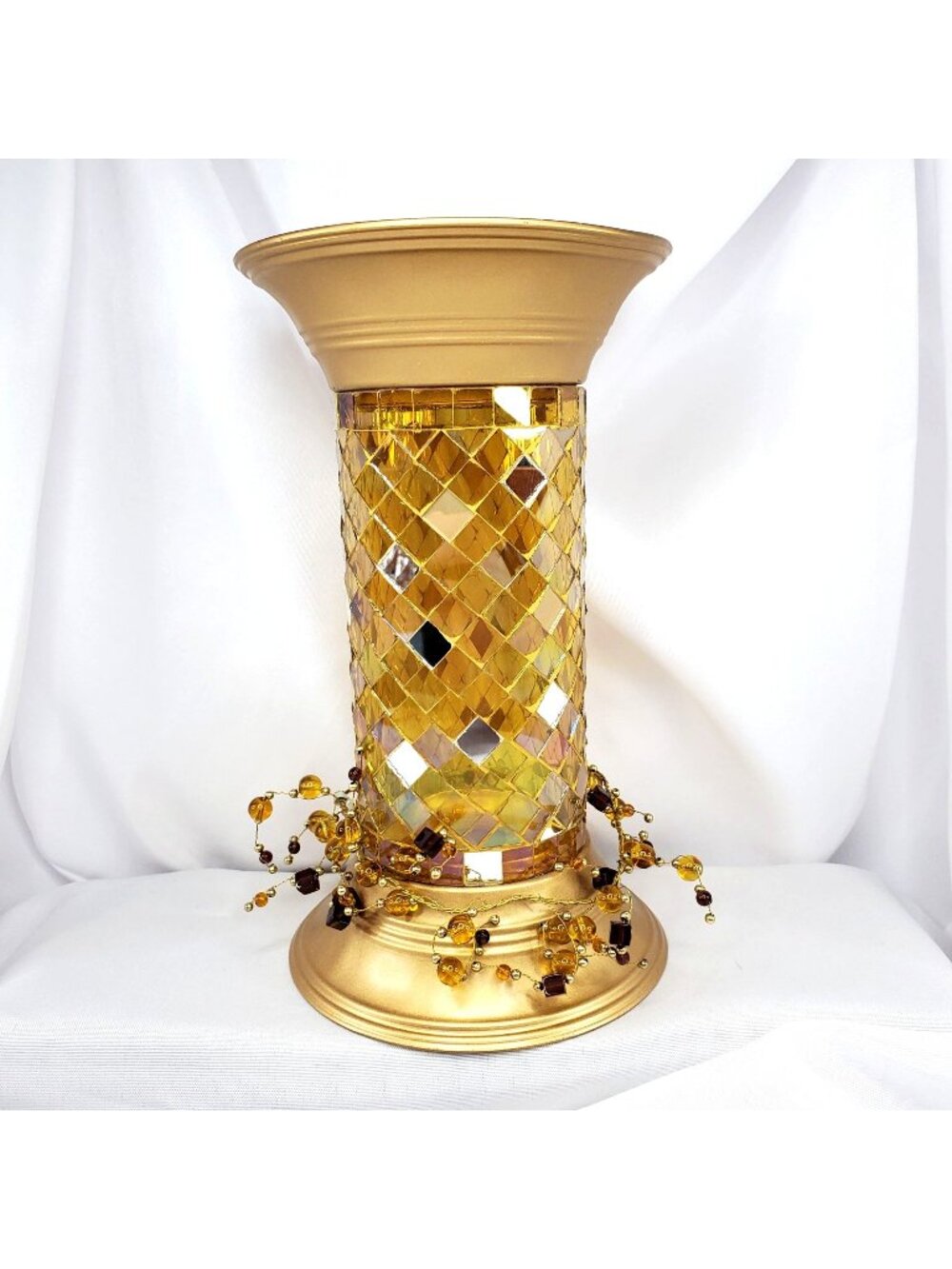 Partylite P9903 Gold Mosaic Column Candle Holder 9" With Beaded Accent Retired